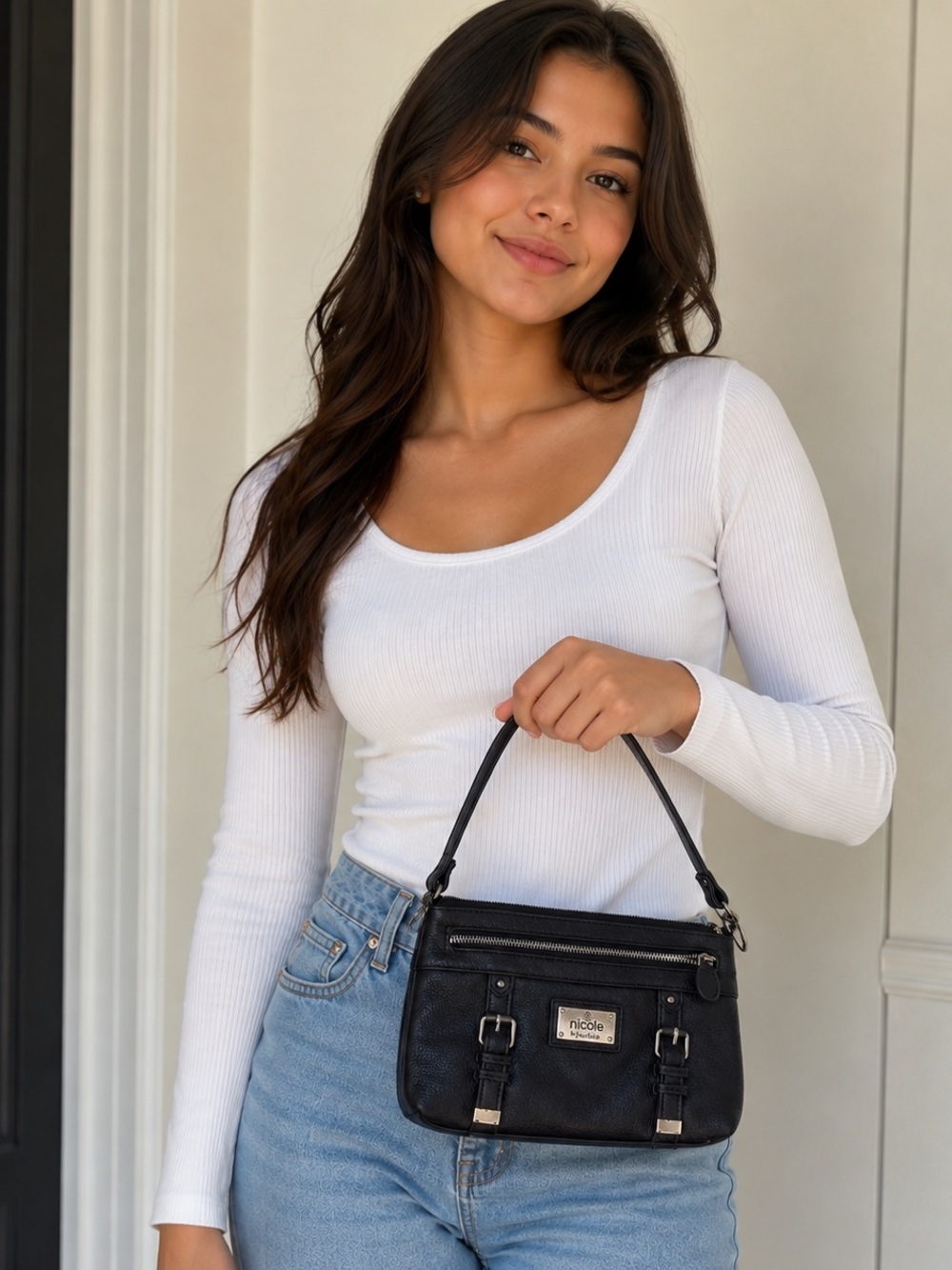 Nicole Miller Black Leather Small Top-Handle Tote